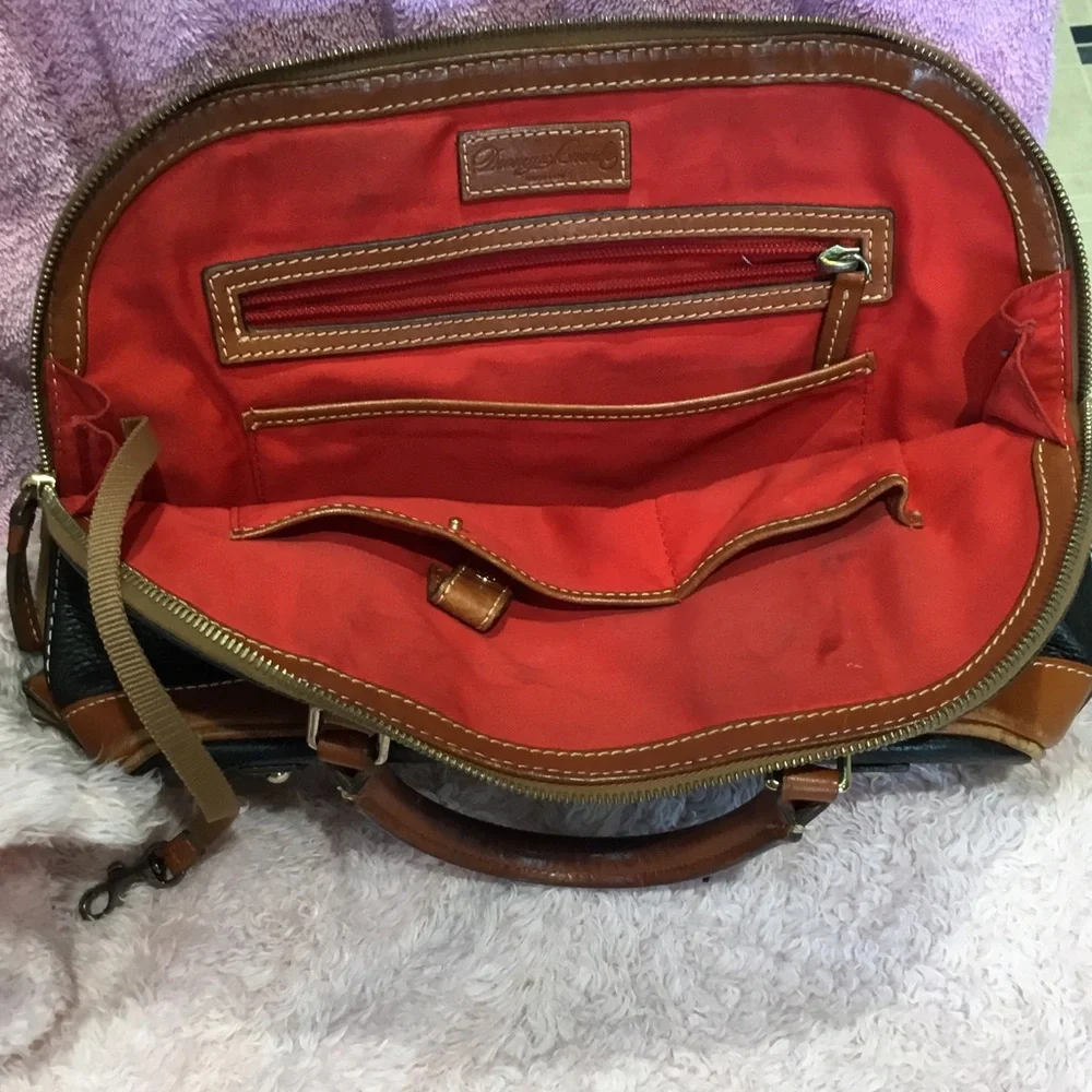Dooney & Bourke Black Leather Satchel with Brown Trim and Handles